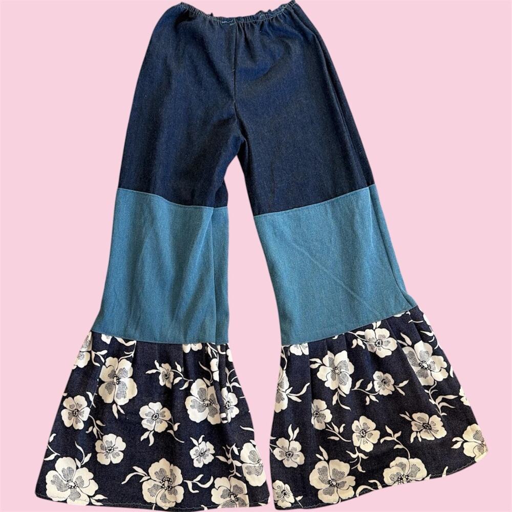 Vintage handmade denim pull on patchwork flare pants with elastic waistband